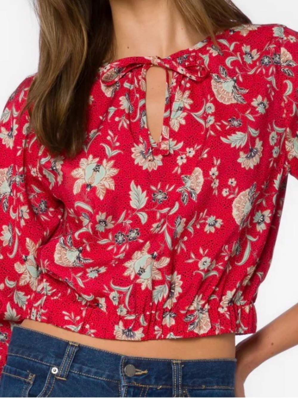 Velvet Heart Red Floral Crop Top with Tie Neck